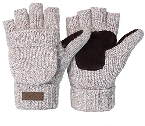 ViGrace Winter-Handschuhe, gestrickt, wandelbar, fingerlos, Woll-Fäustlinge, warmer Handschuh für Damen und Herren, Beige, Medium