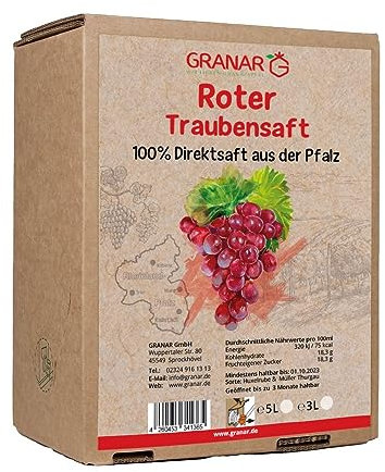 5 L Trauben Direktsaft rot aus der Pfalz, 100% roter Traubensaft, vegan und ohne Zusätze - 5 Liter Box