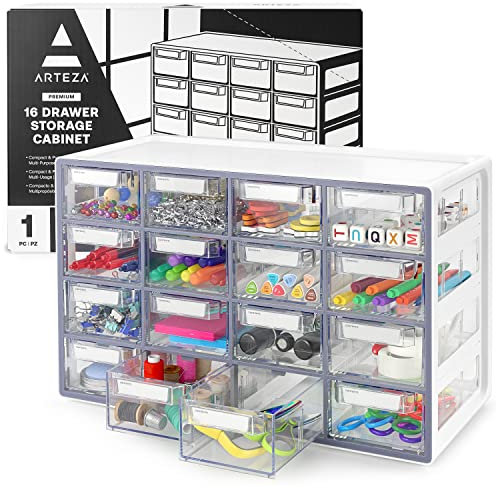 Arteza ​16 Drawer Storage Cabinet, 45 x 21 x 27.7 cm, White, Plastic Drawers​ with Stoppers, ​Multi Compartment Organiser for Makeup and Art Supplies