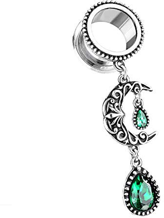 Taffstyle Flesh Tunnel Ohr Piercing Ear Plug Ohrpiercing Edelstahl Schraub Tropfen Stein Tribal Vintage Mond Anhänger Schraub Silber Grün 8mm