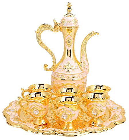 Wine Tea Pot Kit 8 Pcs Metal Retro European Style Tea Wine Set Drinking Pot Cup Hip Flask Set Household Ornament Decoration with 6 Cups 1 Tray(Type 1)