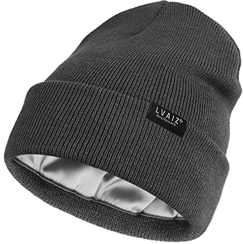 Satin gefütterte Wintermütze für Damen, Strickmütze mit Seidenfutter, Unisex, solide Totenkopfmütze, grau, Einheitsgröße