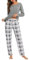 Litherday Pyjama Damen Lang Schlafanzug Kariert Nachtwäsche Winter Pyjama Set aus Baumwolle Zweiteiliger mit Taschen Rundhals Sleepwear für Herbst, Hellgrau, S
