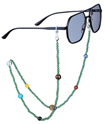 KYEYGWO Grüner Aventurin Kristall Perlen Brillenkette für Damen und Herren, Neun Planeten Brillenband Stein Brillenkordel Edelstein Kette Brillenschnur für Myopiebrille, Sonnenbrillen, Lesebrillen