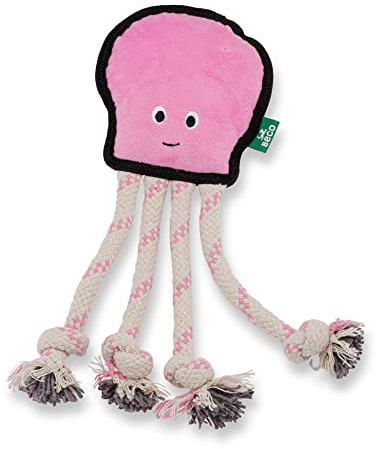 Beco Happy Octopus Dog Toy, Chew, Fetch, Squeak & Pull Toy, Dual Material, Double Stitched for Durability, Made with 70% Recycled Materials