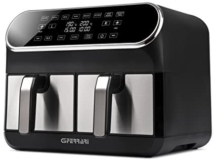 G3 Ferrari G10150 Friggitrice ad Aria Doppia Friggisano Duo, 1700 W, 8 Litri (4 + 4), 2 zone cottura separate, Display digitale, Ricettario incluso, BPA PFOA Safe, Timer, Nero/Acciaio