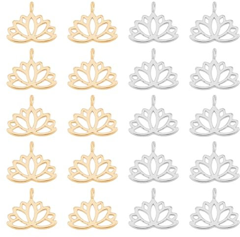 SUPERFINDINGS 20 Stück 10.5x12.5mm Messing Lotusblume Charms Platin Golden Yoga Lotus Blume Charms Tibetische Blumen Charms Anhänger Für Schmuck DIY Handwerk