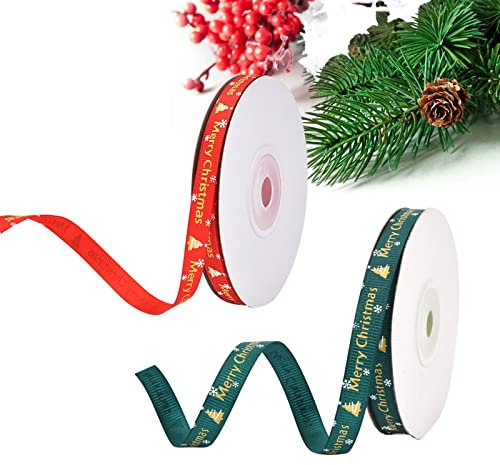 Cintas de Navidad, Cinta Lazos Navidad, 2 Rollos Cinta de Navideñas de Tela, Cinta de Navideñas Roja y Verde, Cintas de Raso de Navidad, Cinta Navideña para Envolver Regalos