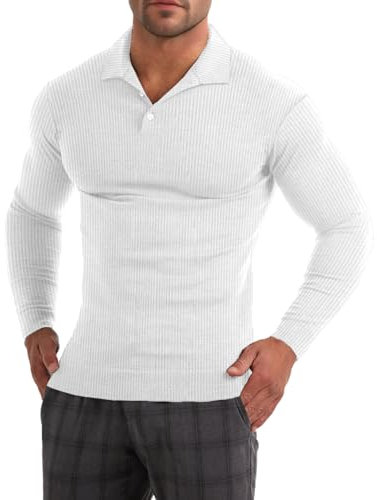 Muscle Cmdr Hommes Coupe Ajustée Muscle Polos Manches Longues Stretch Séchage Rapide t-Shirt décontracté Golf athlétique T-Shirts (Blanc L)