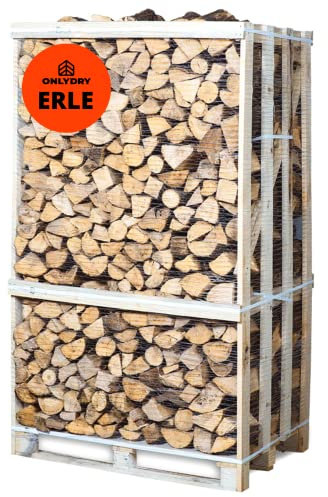 Onlydry Brennholz Erle mit weniger als 18% Feuchtigkeit Palette - Perfekt für Ofen, Feuerschale, Kamin, Kaminofen - Premium Qualität Sauberes und trockenes Kaminholz/Feuerholz… (1.8 RM; 2.7 SRM)
