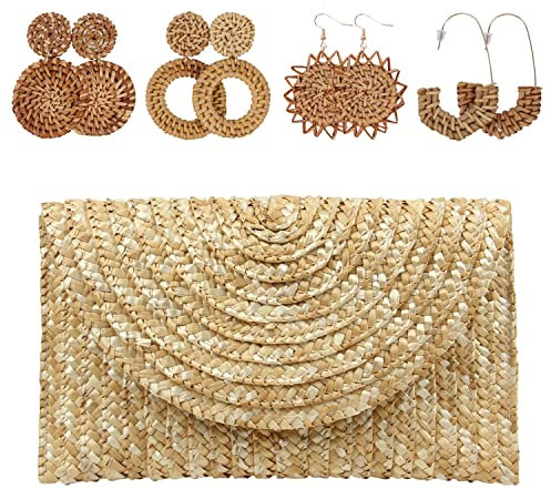 EVEOUT Sac à Main de Soirée en Paille tressée pour Femme Pochettes de Fête Mariage Paille d'été Sac de Vacances Plage(Sac et Boucles d'oreilles 04)