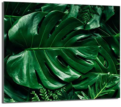 Herdabdeckplatte 60x52 Einteilig Glas Elektroherd Induktion Herdschutz Spritzschutz Glasplatte Deko Schneidebrett, Monstera Grün