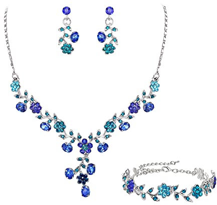 EVER FAITH Hochzeit Party Schmuck Set für Braut österreichischen Kristall Cluster Blume Kostüm Halskette Ohrringe Armband Himmelblau Silber-Ton