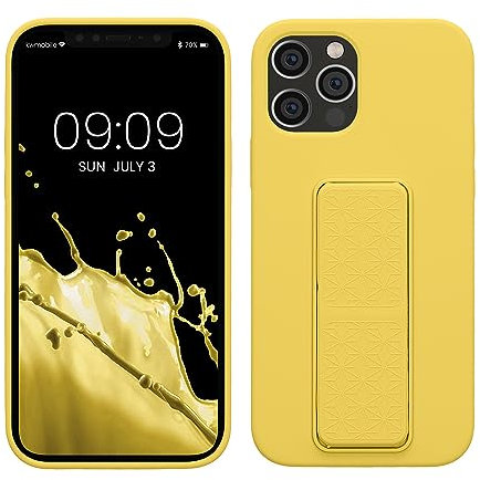 kwmobile Case Compatible with Apple iPhone 12 / iPhone 12 Pro - Case with Hand Strap and Stand Soft TPU Silicone Coating - Radiant Yellow