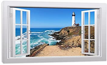THREMA Quadri Moderni Con Finestra. Stampe e Quadri su Tela Paesaggio. Faro sul mare Seascape Quadro finte finestre. Dipinto su tela per la decorazione domestica 80x135cm31 x53 Incorniciato