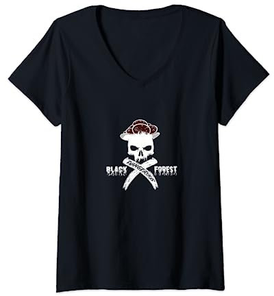Damen Schwarzwälder Bollenhut Totenkopf statt Kuckucksuhr T-Shirt mit V-Ausschnitt