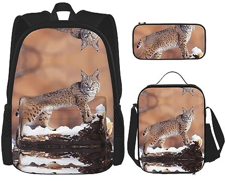 vacsAX Alien Smoke Leichter wasserdichter Rucksack (3-teiliges Set) mit Lunchtasche, Federmäppchen für Büro, Schule, Wilder Bobcat, Einheitsgröße