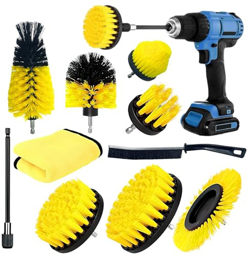 ZZQVIP 10 Pièces Brosse Perceuse, sans Fil, Électrique Brosse de Nettoyage, Outil de Brosse Perceuse Nettoyage Kit, Voitures, Pneus, Carrelages, Sols, Cuisines, Baignoires (Jaune)