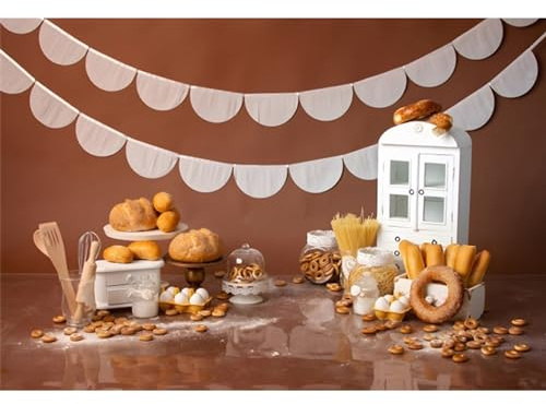 YongFoto Bakery Baking Table Backdrop 5x3ft Bread Donut Biscuit White Cabinet Photography Background Boy Girl Cake Smash Birthday Baby Shower Party Banner Portrait Photoshoot Wallpaper Studio Props