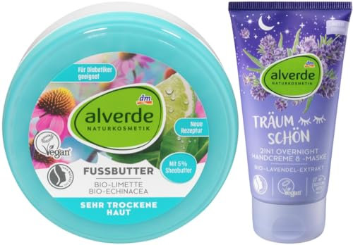 Alverde NATURKOSMETIK 2er-Set Körperpflege: FUSSBUTTER mit Limette Echinacea & Sheabutter für intensive Feuchtigkeit (200 ml) + TRÄUM SCHÖN 2in1 OVERNIGHT HANDCREME & Handmaske (75 ml), 275 ml