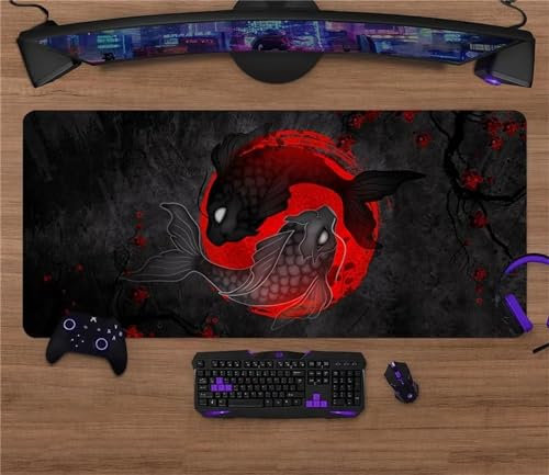 Luxioo Mousepad XXL 1200x600x2mm Gaming Mause Pad Rot Grau Koi Mauspad Groß - Vernähte Kanten - rutschfest - Einer speziellen Oberfläche verbessert Geschwindigkeit und Präzision