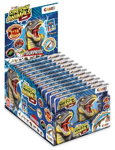 CRAZE Pack de 12 Stretchy Animals Dinos Figuras Dinosaurios con Piel elástica, Relleno Especial, Efectos de Color y Cartas, Hay 16 Modelos Diferentes