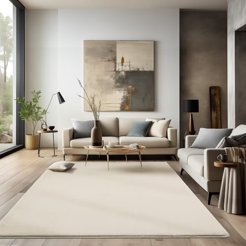 HomebyHome Teppich Wohnzimmer 120 x 170 cm Creme Waschbarer Hochflor Teppich Flauschiger Teppiche Einfarbig Moderne Design - Küchenteppich Shaggy Extra Weich Teppich für Schlafzimmer Esszimmer
