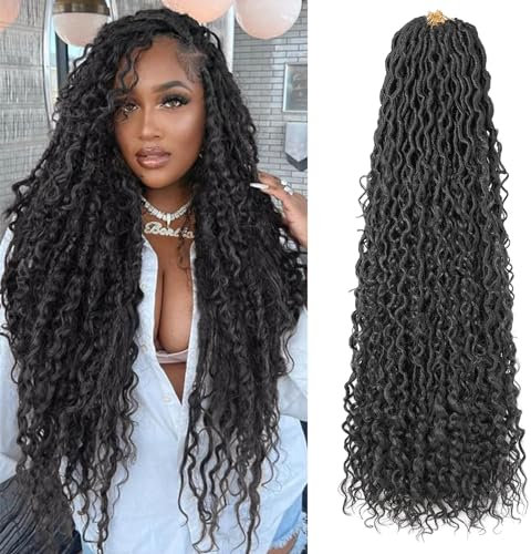 Mscat 30 Incn Goddess Locs Crochet Hair 8 Packs Boho Faux Locs Ombre Synthetic River Locs With Curly Ends Bohemian Soft Locs Crochet Braids Extended Locs (12Strands/Pack 1B#)