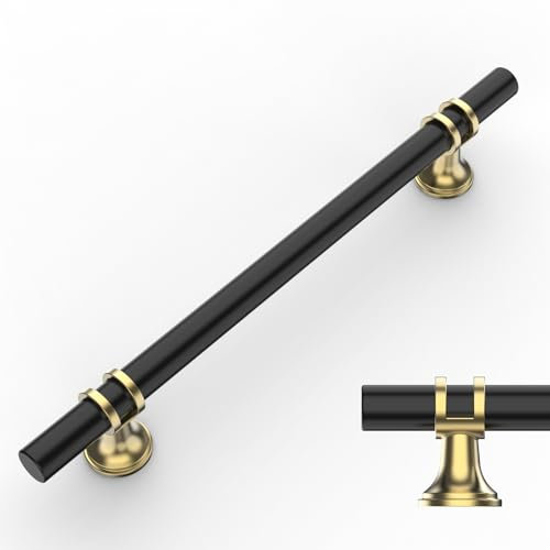 Amerdeco 10 Pack Black & Gold Cabinet Pulls 6.3 Inch(160MM) Hole Centers Kitchen Cabinet Handles Cabinets Hardware Drawer Pulls AM002
