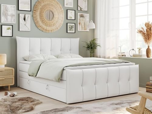 MKS MEBLE King Boxspringbett 140x200 Mit Bettkasten Und Matratze H3, Polsterbett Mit Matratze, Premium-11-King Weiß Kunstleder
