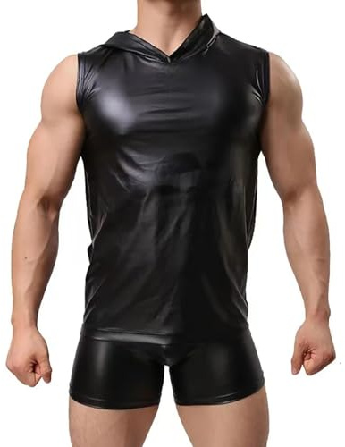 Latex ähnliches Herren Oberteil Herren Latex T-Shirt schwarz Leder Optik Männer Shirt Lack-Leder Vinyl Oberteil Lackleder Hemd Wetlook Tank Kurzarm Reizwäsche Vinyl-Shirt