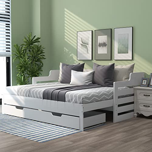 ANIROY 3FT Single Daybed, Single Guest Bed Sofa Bed with Pull Out Trundle and Storage Drawer, Cabin Bed for Living Room and Bedroom, 90 x 190cm, White