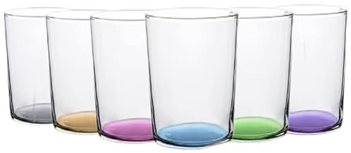TRESV Set de 6 Vasos de cristal agua de Colores, Vasos de Cristal de 520 cc Multicolor y Transparentes, Aptos para Lavavajillas