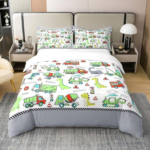 Loussiesd Jungen Konstruktion Bettwäsche Set 220x240cm 100% Baumwolle für Kinder Dinosaurier Betten Setativ Karikatur Ausstattung Trucks Dino Bettbezug Set Niedlich Maschinen Auto Dinos Grau
