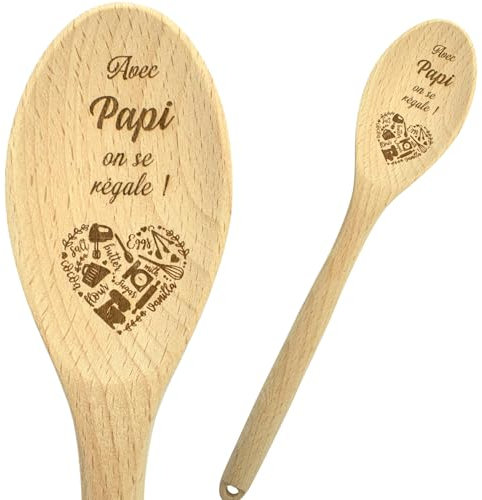 ERNESTINE - Cuillère en bois Papi cuisine personnalisée avec texte - cadeau papi cuisine - cadeau papi anniversaire Noël fête des grands pères - ustensile bois naturel gravé - fête papi spatule bois