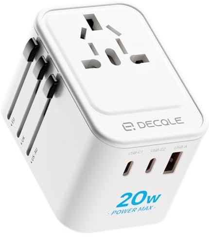 decqle Adaptateur Prise Universelle, Adaptateur Voyage International avec 2 Ports USB-C(PD 20W) & 1 USB-A, Concerner France vers USA, UK, EU, AU & 224+ Pays (Blanc)