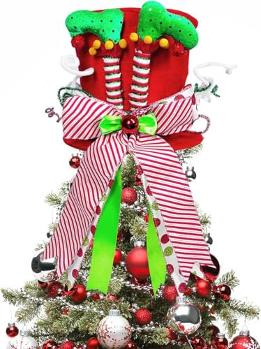 KAHEIGN Christmas Tree Topper, 25CM Large Red Xmas Tree Top Hat with Elf Legs and Striped Bow Ribbon for Home Christmas Holiday Winter Party Decor Desktop Ornaments