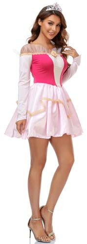 LANGWEI Rose,XL,Costumes d'halloween pour Femmes Costume De Princesse Aurora pour Adulte Costume De Conte De Fées La Belle Au Bois Dormant Déguisement Cosplay