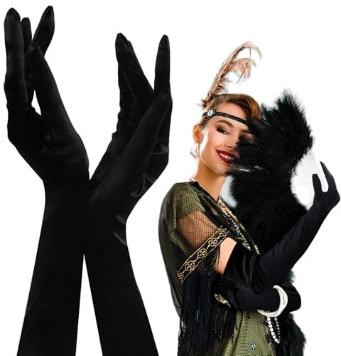 Lange Handschuhe Damen Schwarz, Federboa, 1920er Abendhandschuhe für Halloween Party Kostüm