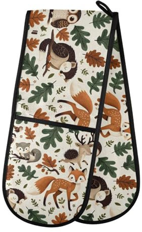 Oven Gloves Double Oven Gloves Forest Animals Fox Deer Hedgehog Oven Mitts Pot Holder Heat Resistant Quilted for BBQ Baking Kitchen Cooking Gloves