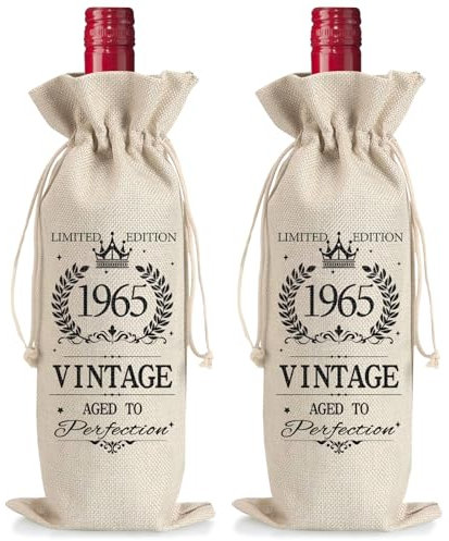 2PCS 60th Birthday Gifts for Men Women, 60th Birthday Bottle Bags, 1965 Years Wine Favor Bag, Natural Linen Drawstring Wine Bag, 1965 Birthday Jute Bags Gifts Limited Edition for Mom Dad Colleague