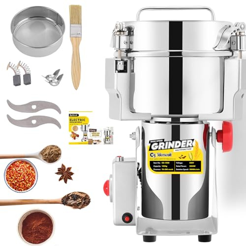 Electric Grain Mill 30-300 Mesh Superfine Grinding for Herbs/Grains/Spices/Seeds High Speed Stainless Steel (1000g Swing)