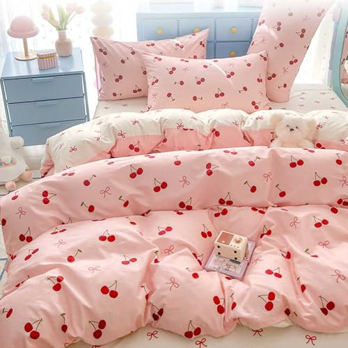 Nyescasa Housse de Couette Cerise Rouge 200x200 Nœud Papillon Rose Blanc Réversible Parure de lit Adulte 2 Personnes Housse Couette en Microfibre avec Fermeture Éclair et 2 Taies d'oreiller 65x65 cm