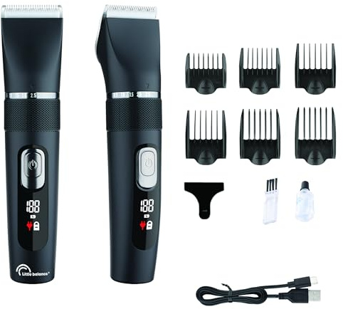 LITTLE BALANCE 8788 Pro Präzision, Haarschneider für Herren, Laufzeit 2,5 Stunden, USB-Aufladung, LED-Display, Klingen aus Titan, abnehmbar, wasserdicht, 6 Aufsätze, 5 Längeneinstellungen, Schwarz