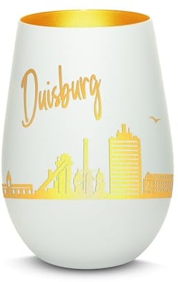 Gravur-Max Windlicht mit 360° Gravur Skyline Duisburg Deko Glaslicht als tolles Geschenk mit Einer hochwertigen Lasergravur zu jedem Anlass in der Farbe Weiß/Gold