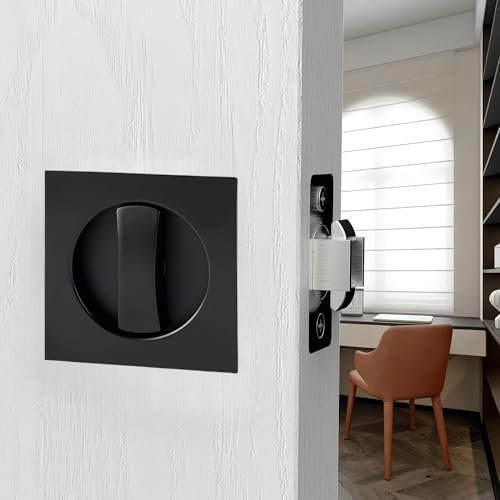 Pocket Door Lock,Privacy Square Pocket Door Hardware,Invisible Sliding Door Lock Keyless(2-3/8 Backset),Flush Pocket Door Locks (Matte Black Square)