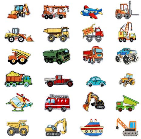 24 Pcs Kids Iron on Patches, Embroidered Iron on Patches for Boys & Girls Jeans, Jackets, Backpacks, Clothes, DIY Craft, Back-to-School Essentials with Vehicles Theme (Vibrant Color)