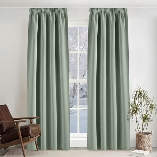 PONY DANCE Salbeigrüne Gardinen mit Kräuselband Blickdicht Thermovorhang | 2er Set, H245 x B140cm, Blackout Curtains, Kälteschutz, für Schiene, Sichtschutz, für Schlafzimmer Wohnzimmer Kinderzimmer