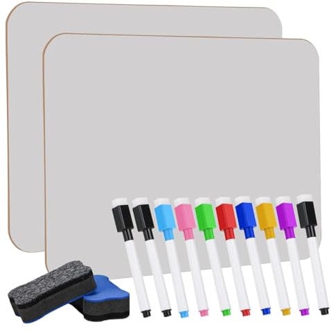 2 Pack A4 Whiteboard, Mini Dry Erase White Board, Durable Portable White Boards for Students with 10 Coloured Pens and 2 Erasers, Small Whiteboard for Home,Classroom,Office