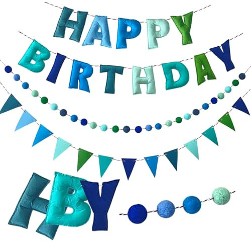 Vorbespanntes Happy Birthday Banner – Filzkugelgirlande – Happy Birthday Girlande, Regenbogen-Geburtstagsdekorationen, personalisiertes Schild für Partydekoration, Foto-Requisite (Blau mit Kugelfahnen